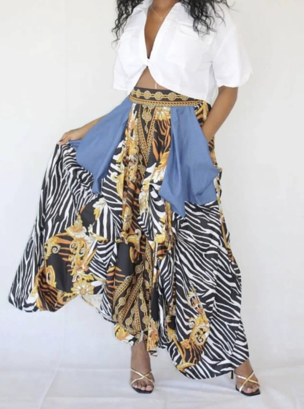 Bohemian Zebra-Panel Maxi Skirt with Blue Pocket Accents. Size S. #AH
